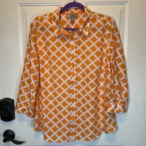 JC Penney Silk Blend Sz XL Lattice Design 3/4 Sleeve Top Blouse Orange & White